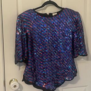 Elegant Sequin Blouse in Blue and Red 80s Vinatge Silk Small